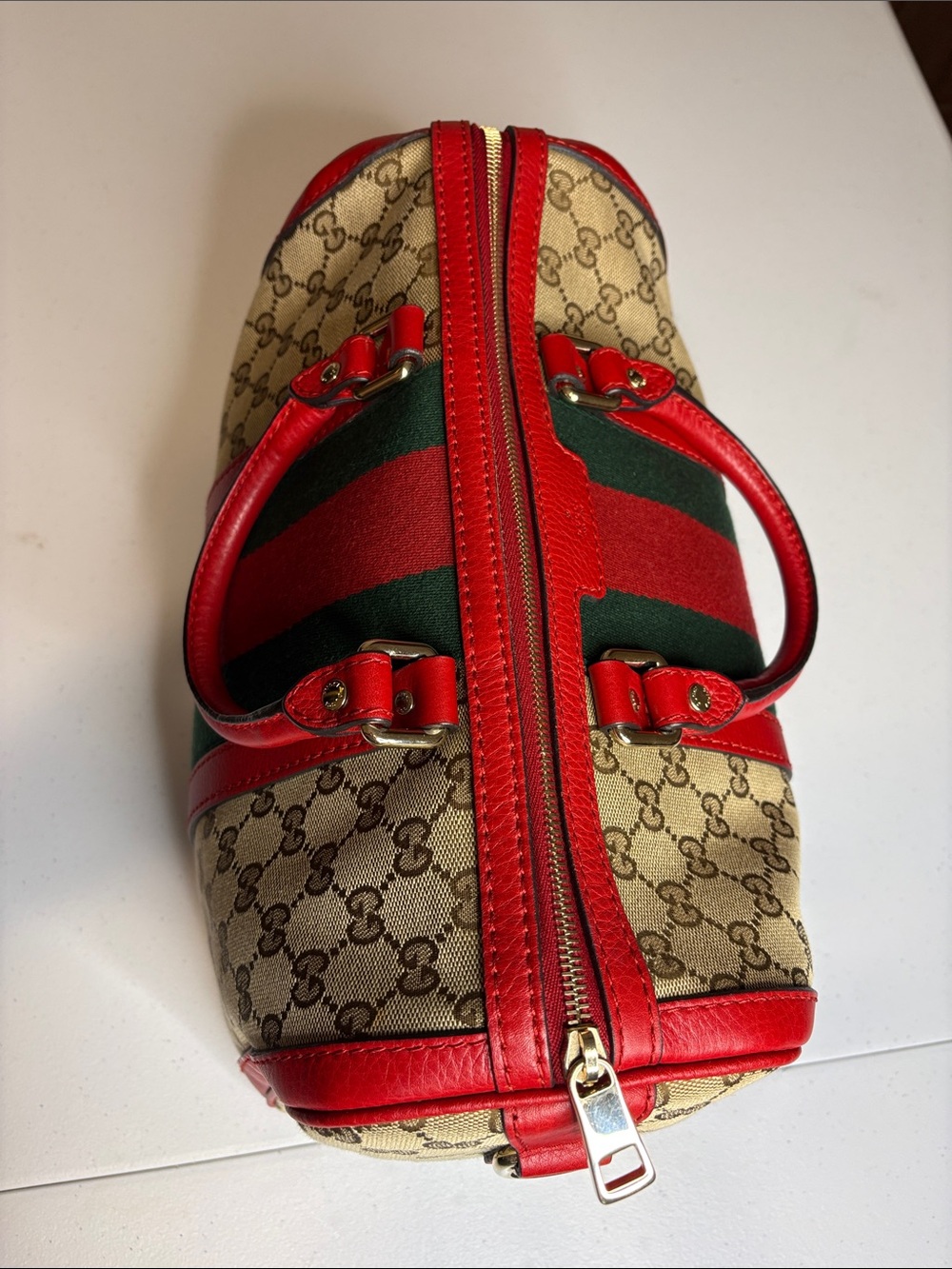 Gucci GG Supreme Web Boston Bag Leather Trim | No Strap - Picture 6 of 16